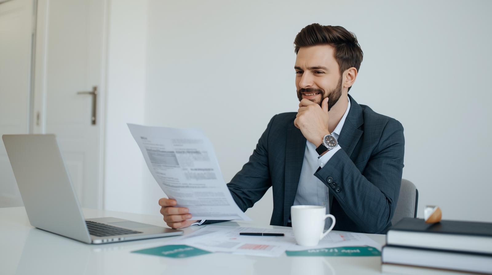 Creator reviewing blurred legal documents at desk, warm lighting, laptop nearby, thoughtful mood.