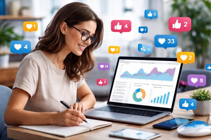 analyzing engagement metrics on a laptop