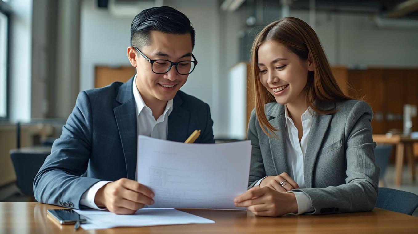Professional translator helps client understand legal documents inside a bright modern office setting.